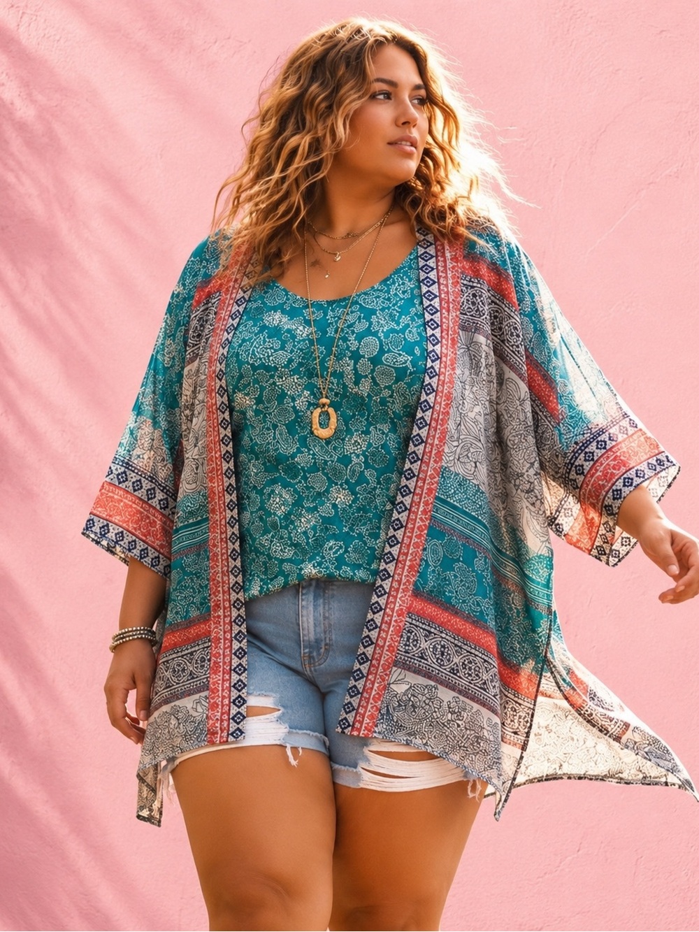 ONE WORLD sheer Green Orange Floral Tribal Top Kimono set plus size 2X